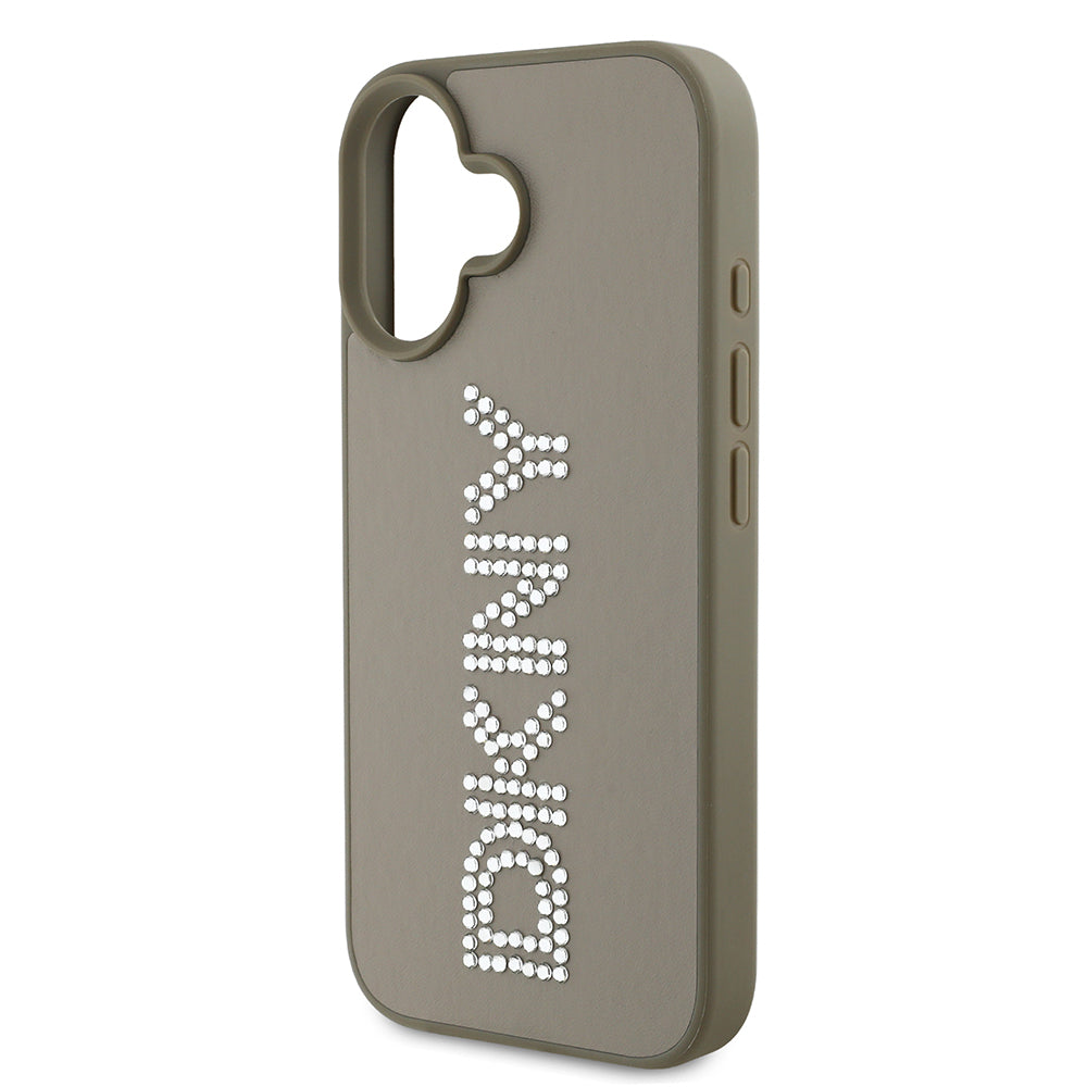 iPhone 16 Kılıf DKNY Orjinal Lisanslı Taşlı DKNY Yazılı Metalik Rhinestones PU Deri Kılıf