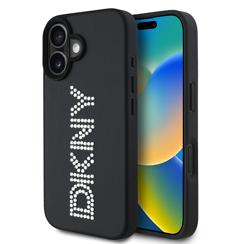 iPhone 16 Kılıf DKNY Orjinal Lisanslı Taşlı DKNY Yazılı Metalik Rhinestones PU Deri Kılıf
