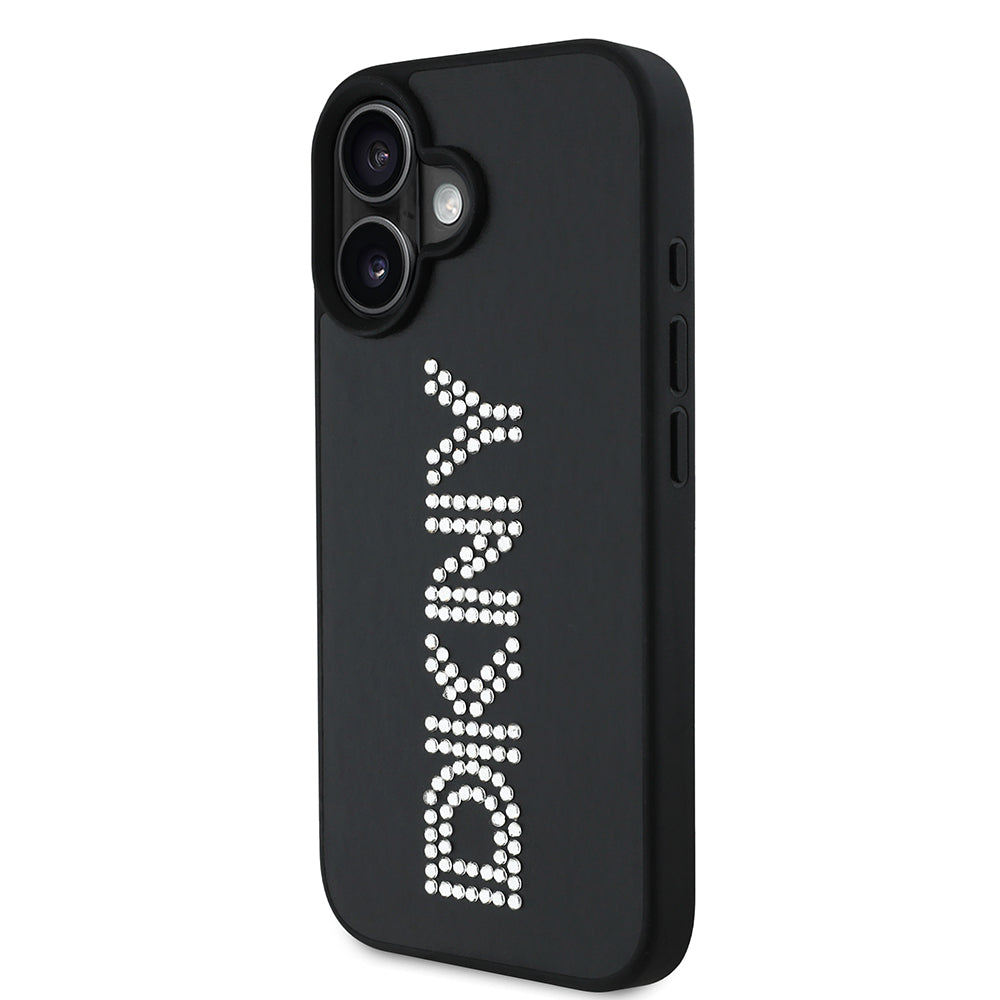 iPhone 16 Kılıf DKNY Orjinal Lisanslı Taşlı DKNY Yazılı Metalik Rhinestones PU Deri Kılıf