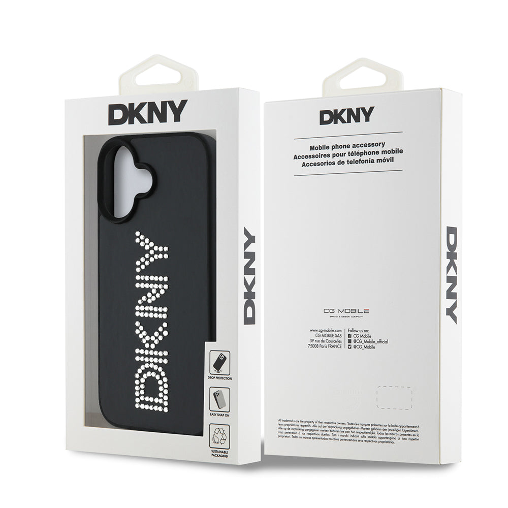 iPhone 16 Kılıf DKNY Orjinal Lisanslı Taşlı DKNY Yazılı Metalik Rhinestones PU Deri Kılıf