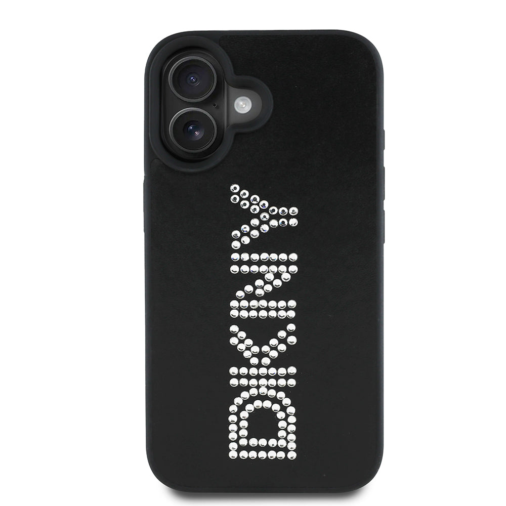 iPhone 16 Kılıf DKNY Orjinal Lisanslı Taşlı DKNY Yazılı Metalik Rhinestones PU Deri Kılıf