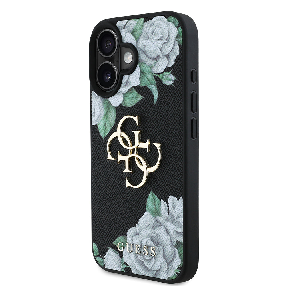 iPhone 16 Kılıf Guess Orijinal Lisanslı Gül Baskılı Büyük Metal Logo Dizaynlı Kılıf