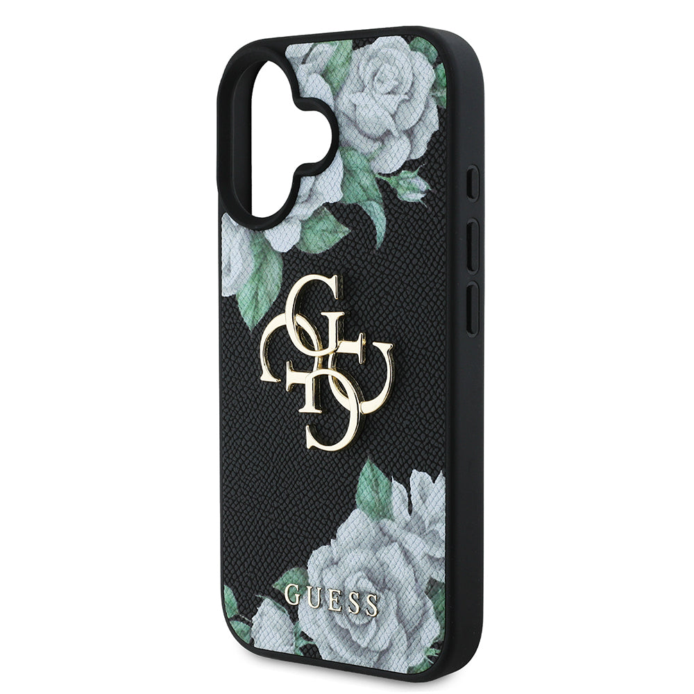 iPhone 16 Kılıf Guess Orijinal Lisanslı Gül Baskılı Büyük Metal Logo Dizaynlı Kılıf