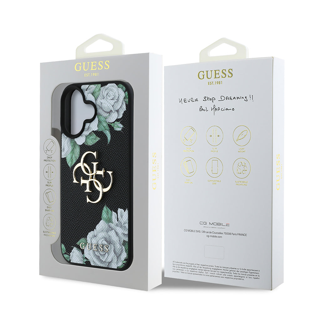 iPhone 16 Kılıf Guess Orijinal Lisanslı Gül Baskılı Büyük Metal Logo Dizaynlı Kılıf