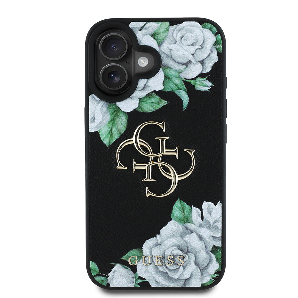 iPhone 16 Kılıf Guess Orijinal Lisanslı Gül Baskılı Büyük Metal Logo Dizaynlı Kılıf