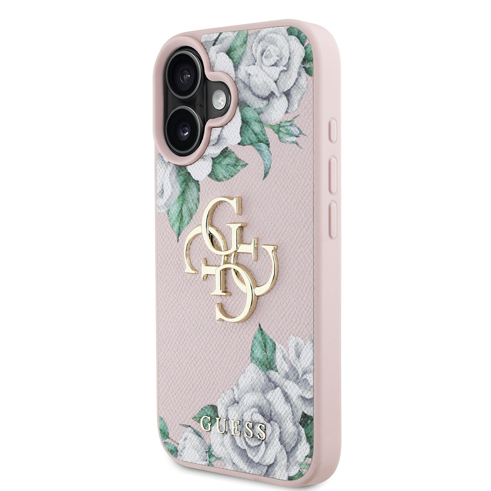 iPhone 16 Kılıf Guess Orijinal Lisanslı Gül Baskılı Büyük Metal Logo Dizaynlı Kılıf