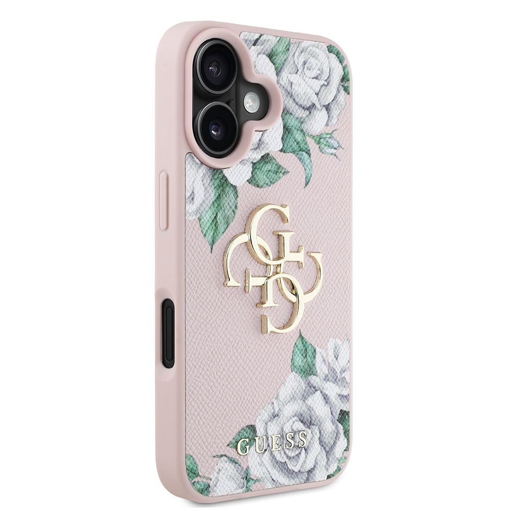 iPhone 16 Kılıf Guess Orijinal Lisanslı Gül Baskılı Büyük Metal Logo Dizaynlı Kılıf