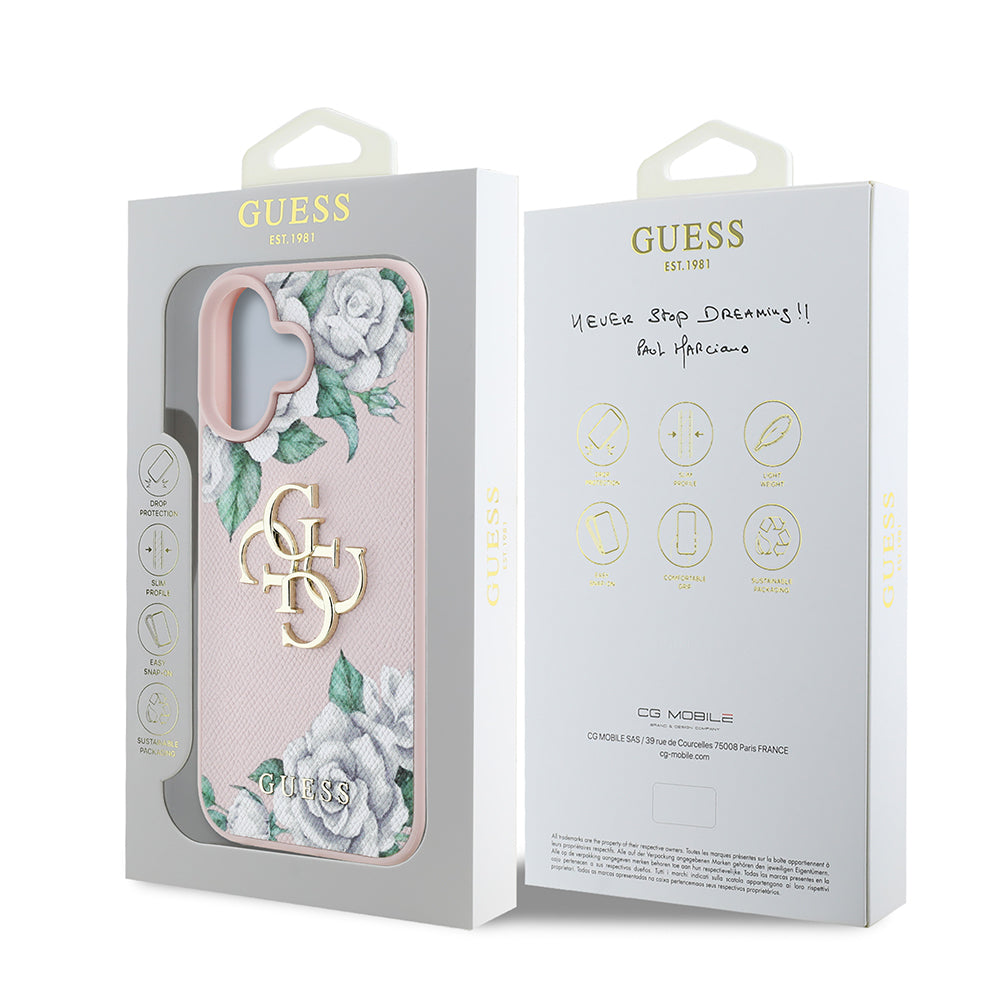 iPhone 16 Kılıf Guess Orijinal Lisanslı Gül Baskılı Büyük Metal Logo Dizaynlı Kılıf