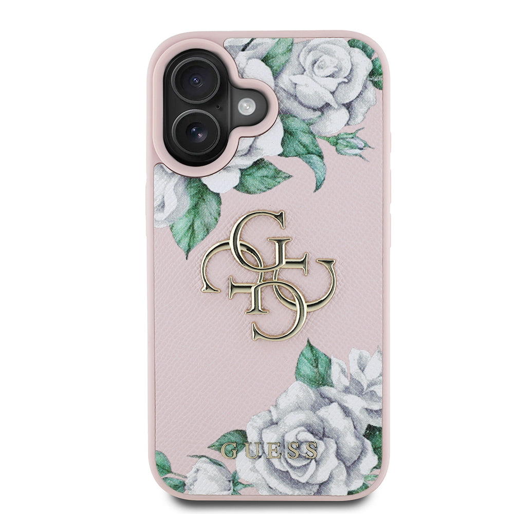 iPhone 16 Kılıf Guess Orijinal Lisanslı Gül Baskılı Büyük Metal Logo Dizaynlı Kılıf