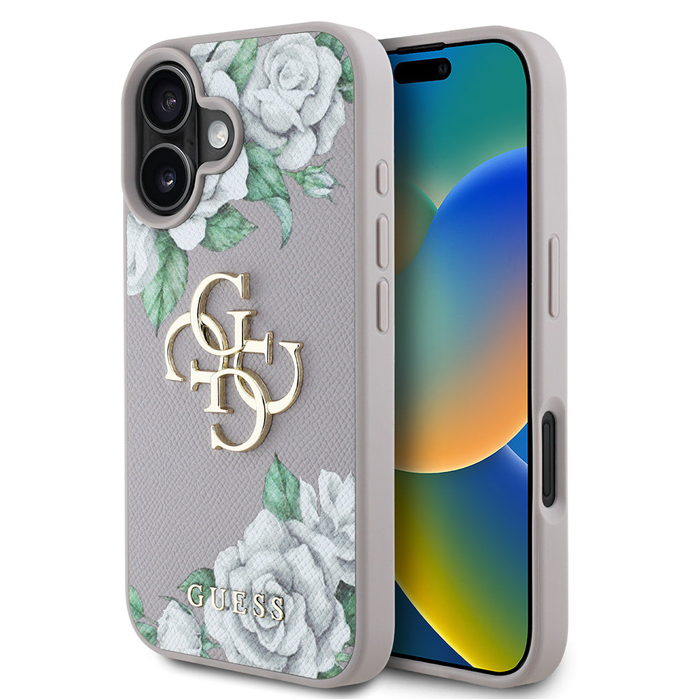 iPhone 16 Kılıf Guess Orijinal Lisanslı Gül Baskılı Büyük Metal Logo Dizaynlı Kılıf