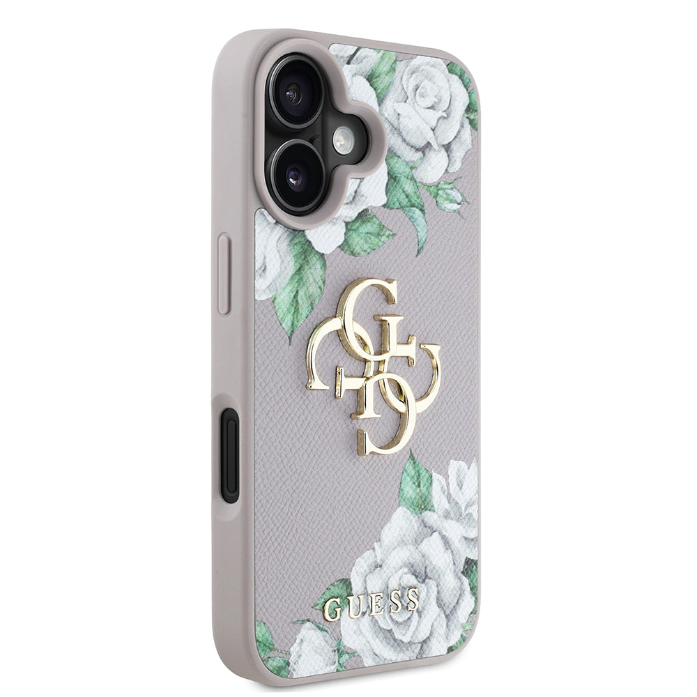 iPhone 16 Kılıf Guess Orijinal Lisanslı Gül Baskılı Büyük Metal Logo Dizaynlı Kılıf