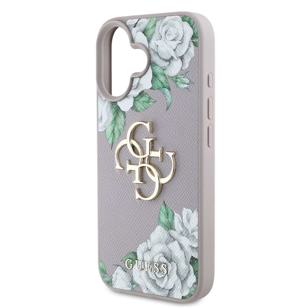 iPhone 16 Kılıf Guess Orijinal Lisanslı Gül Baskılı Büyük Metal Logo Dizaynlı Kılıf