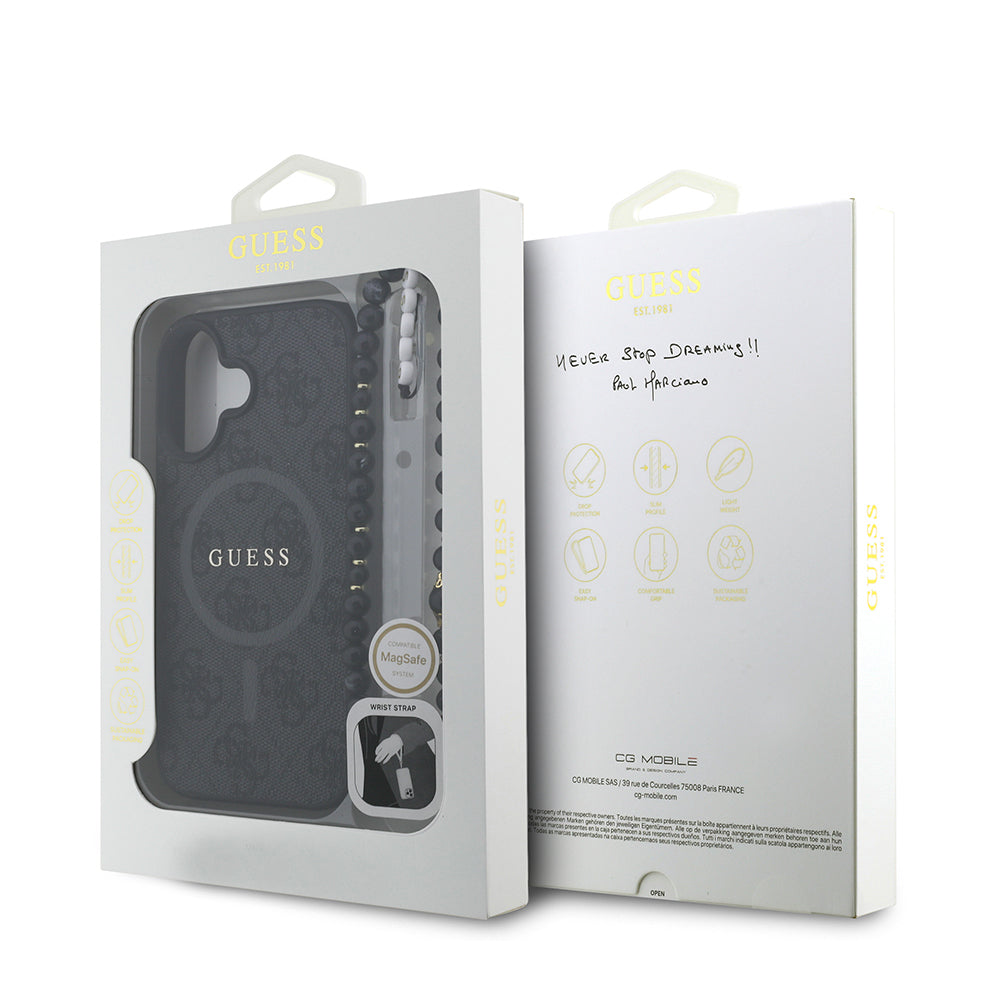 iPhone 16 Kılıf Guess Orijinal Lisanslı M-safe Şarj Özellikli PU Deri Bilek Askı İpli Yazı Logolu Kılıf