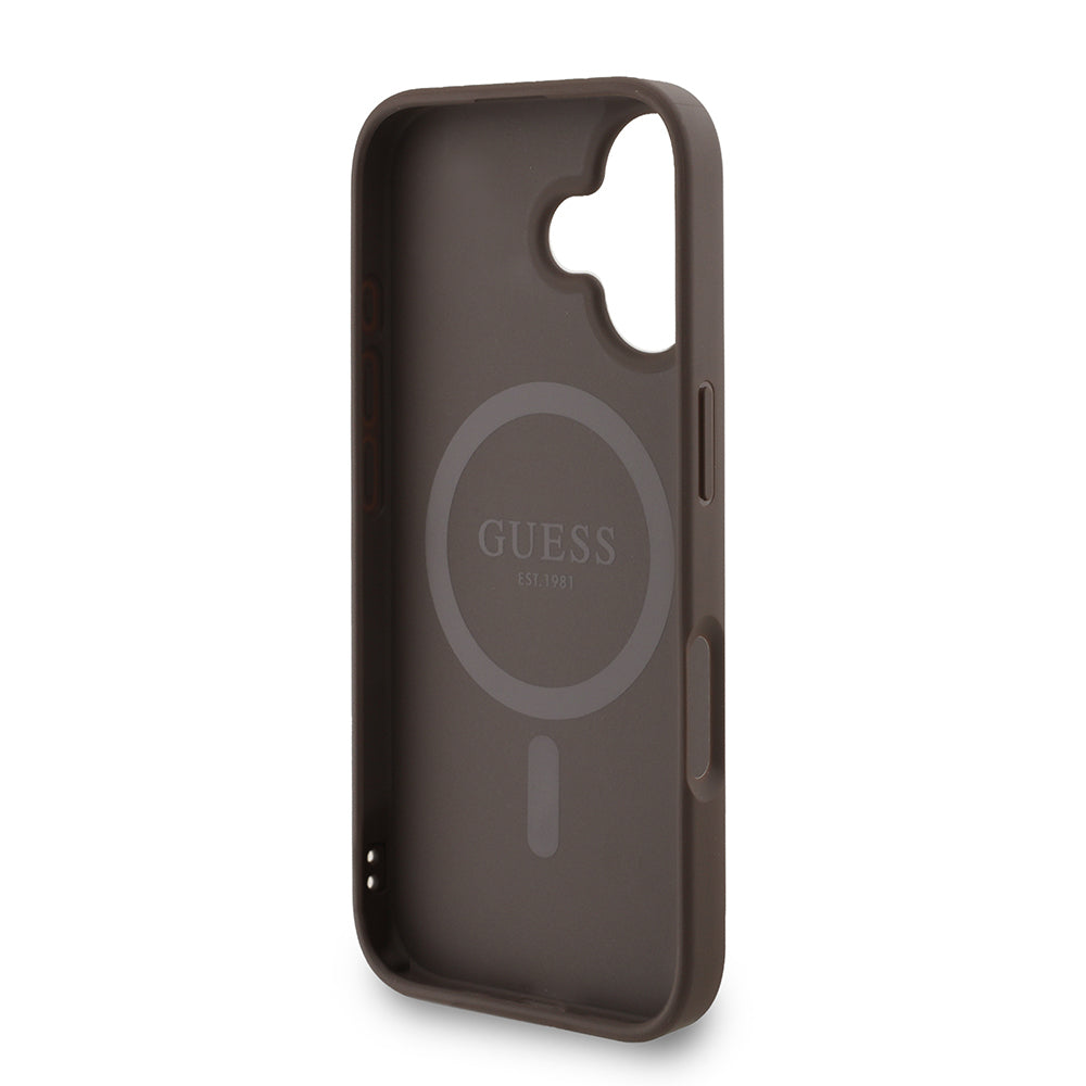 iPhone 16 Kılıf Guess Orijinal Lisanslı M-safe Şarj Özellikli PU Deri Bilek Askı İpli Yazı Logolu Kılıf