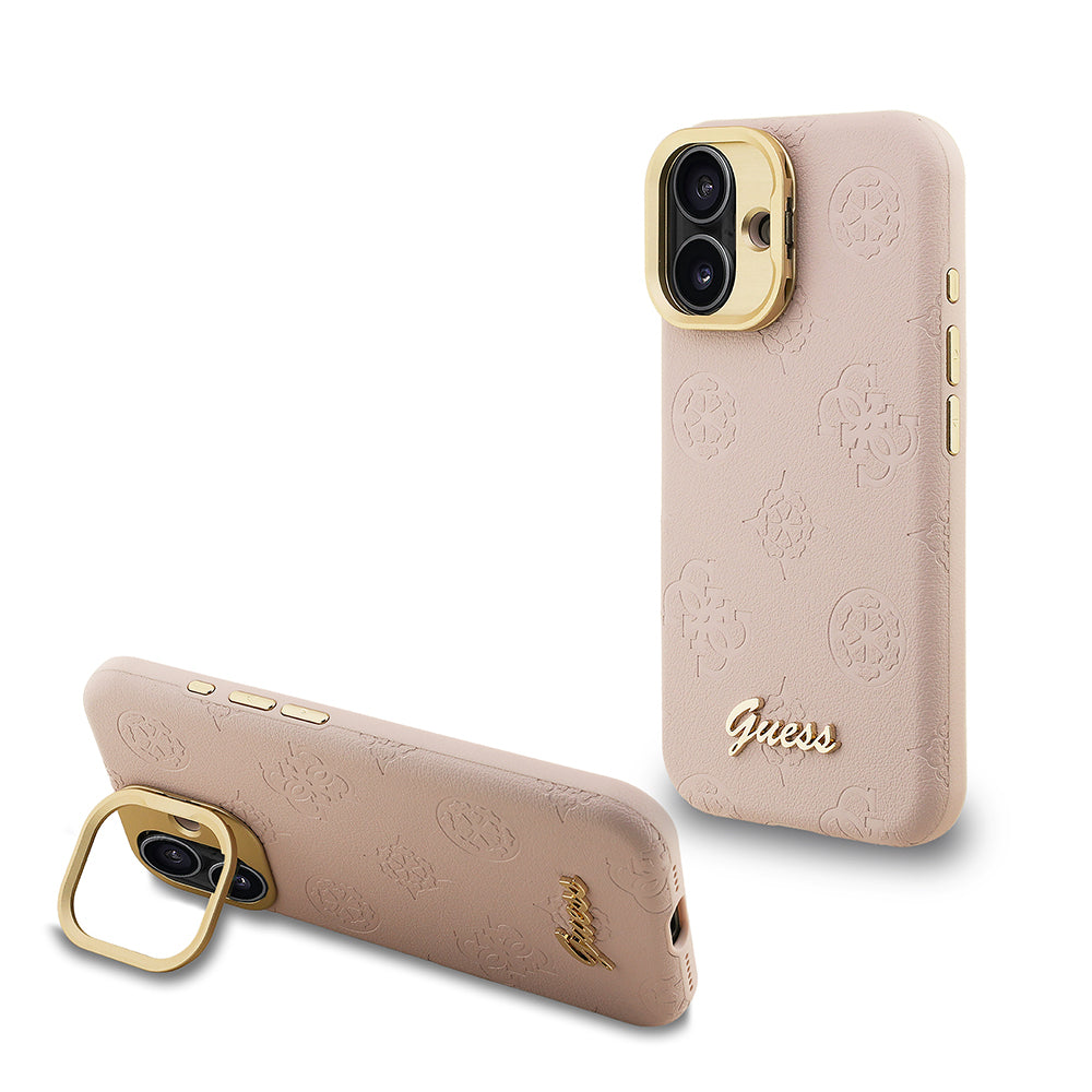iPhone 16 Kılıf Guess Orijinal Lisanslı M-safe Şarj Özellikli Sıcak Baskılı Yazı Logolu Kamera Standlı PU Deri Peony Kılıf