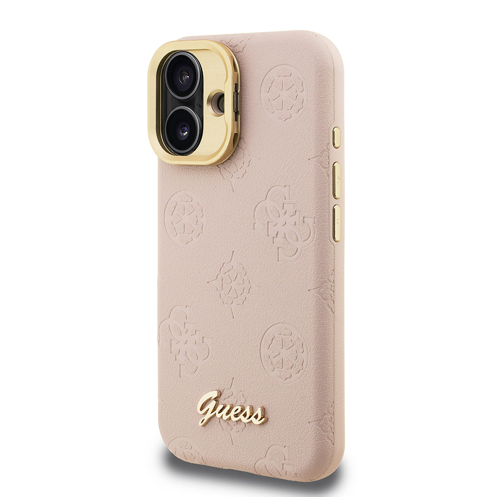 iPhone 16 Kılıf Guess Orijinal Lisanslı M-safe Şarj Özellikli Sıcak Baskılı Yazı Logolu Kamera Standlı PU Deri Peony Kılıf