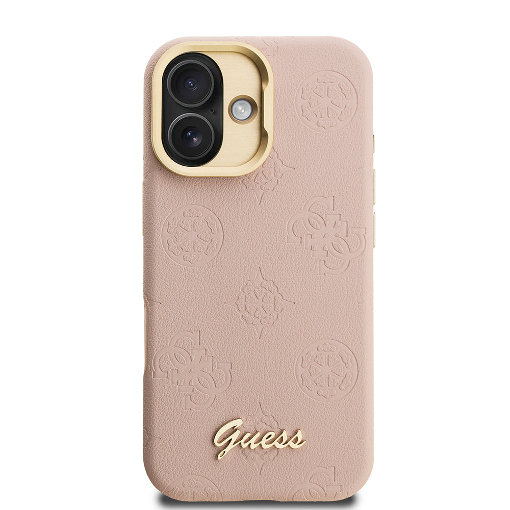 iPhone 16 Kılıf Guess Orijinal Lisanslı M-safe Şarj Özellikli Sıcak Baskılı Yazı Logolu Kamera Standlı PU Deri Peony Kılıf
