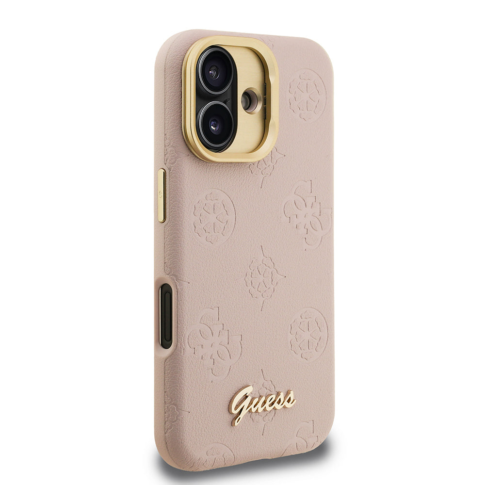 iPhone 16 Kılıf Guess Orijinal Lisanslı M-safe Şarj Özellikli Sıcak Baskılı Yazı Logolu Kamera Standlı PU Deri Peony Kılıf