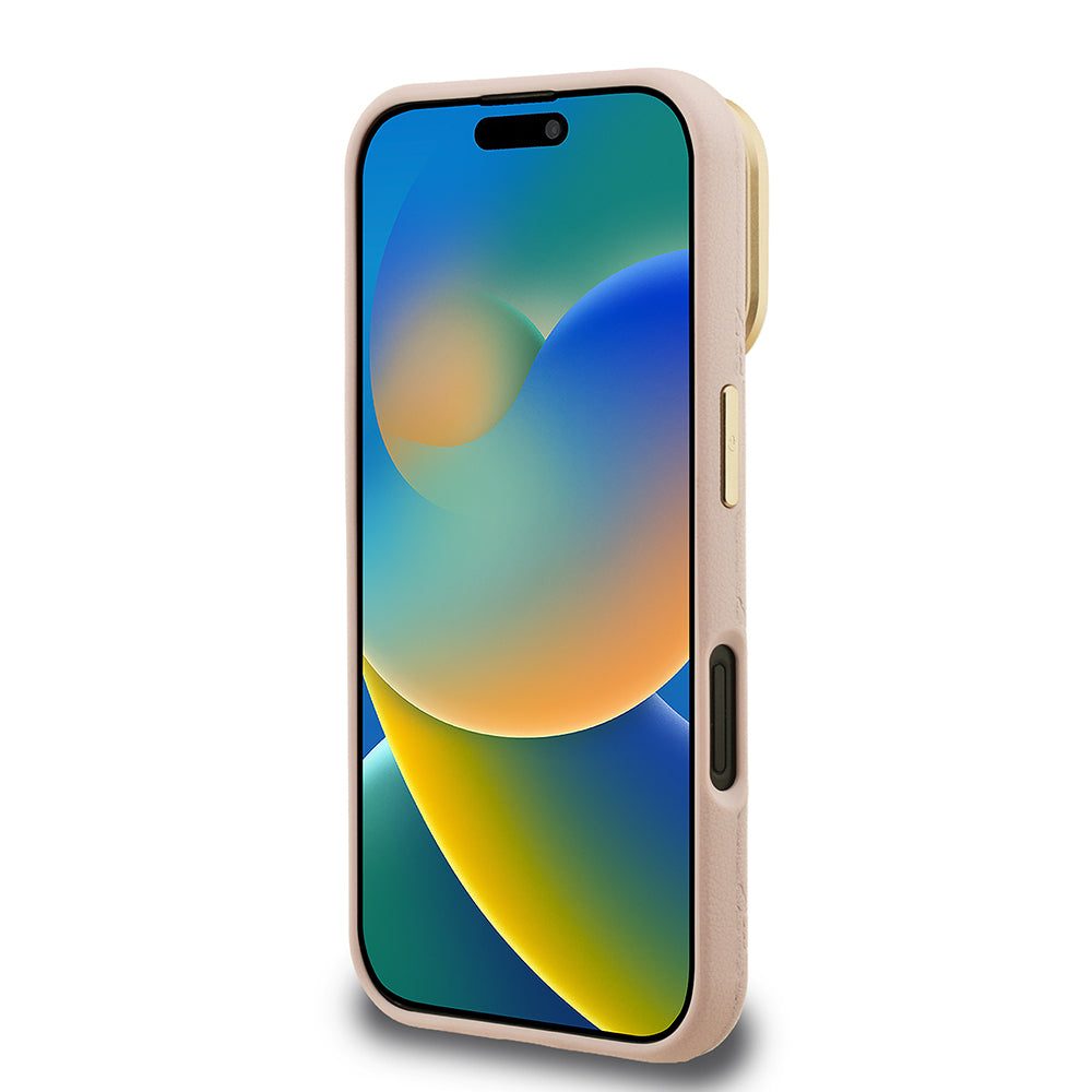 iPhone 16 Kılıf Guess Orijinal Lisanslı M-safe Şarj Özellikli Sıcak Baskılı Yazı Logolu Kamera Standlı PU Deri Peony Kılıf