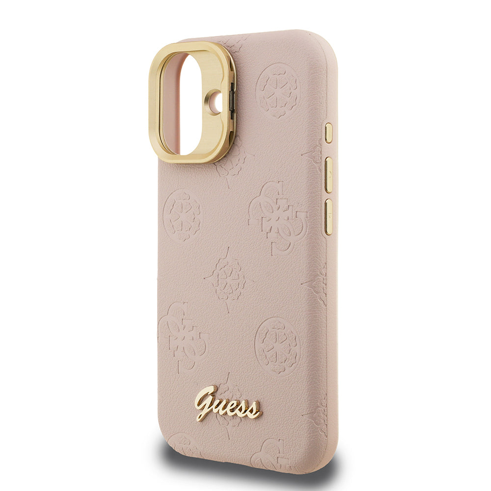 iPhone 16 Kılıf Guess Orijinal Lisanslı M-safe Şarj Özellikli Sıcak Baskılı Yazı Logolu Kamera Standlı PU Deri Peony Kılıf