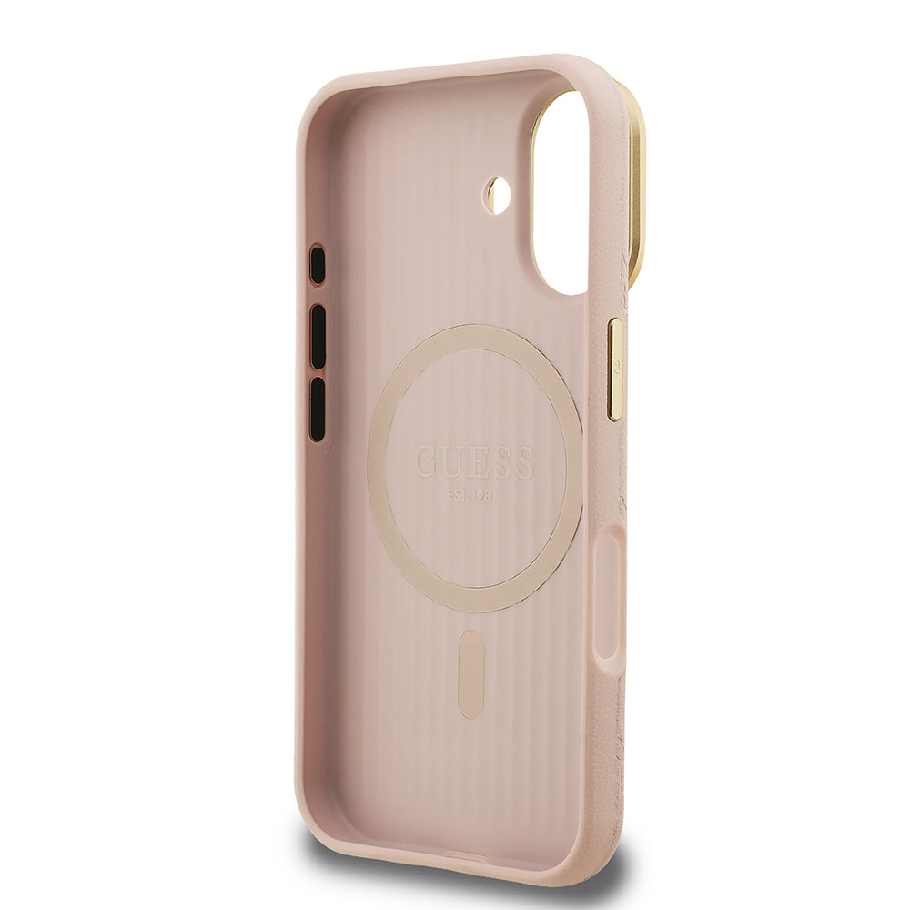 iPhone 16 Kılıf Guess Orijinal Lisanslı M-safe Şarj Özellikli Sıcak Baskılı Yazı Logolu Kamera Standlı PU Deri Peony Kılıf