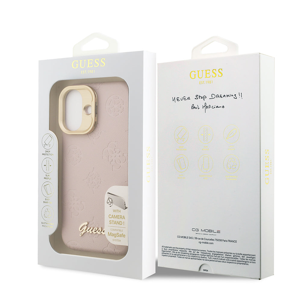 iPhone 16 Kılıf Guess Orijinal Lisanslı M-safe Şarj Özellikli Sıcak Baskılı Yazı Logolu Kamera Standlı PU Deri Peony Kılıf
