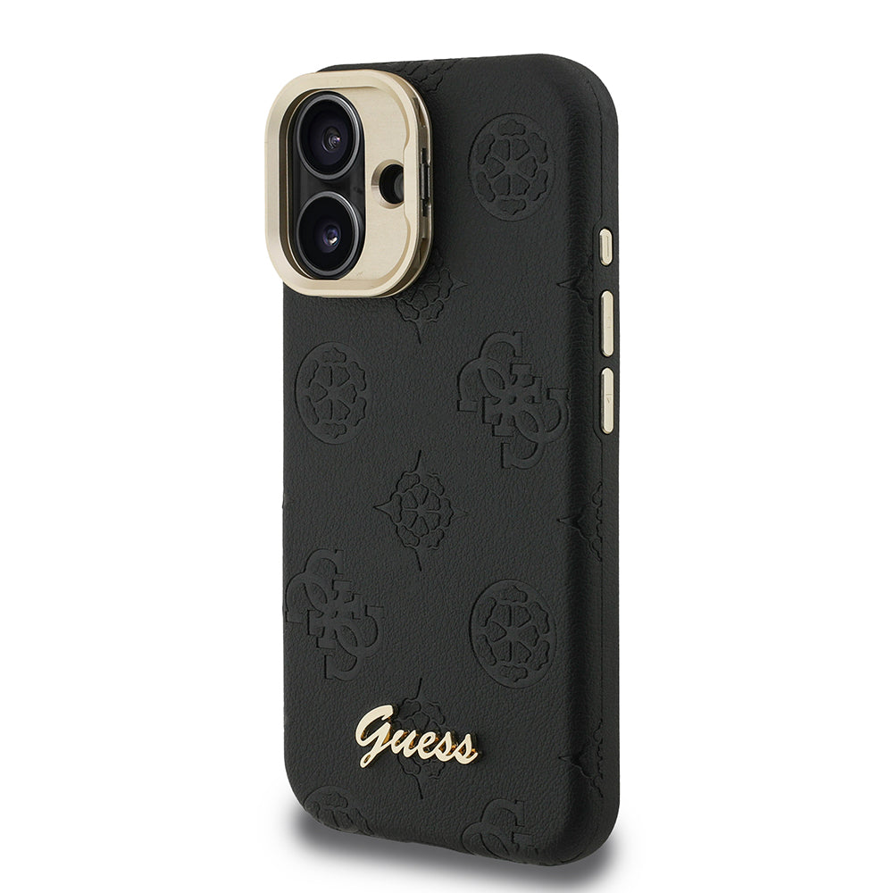 iPhone 16 Kılıf Guess Orijinal Lisanslı M-safe Şarj Özellikli Sıcak Baskılı Yazı Logolu Kamera Standlı PU Deri Peony Kılıf