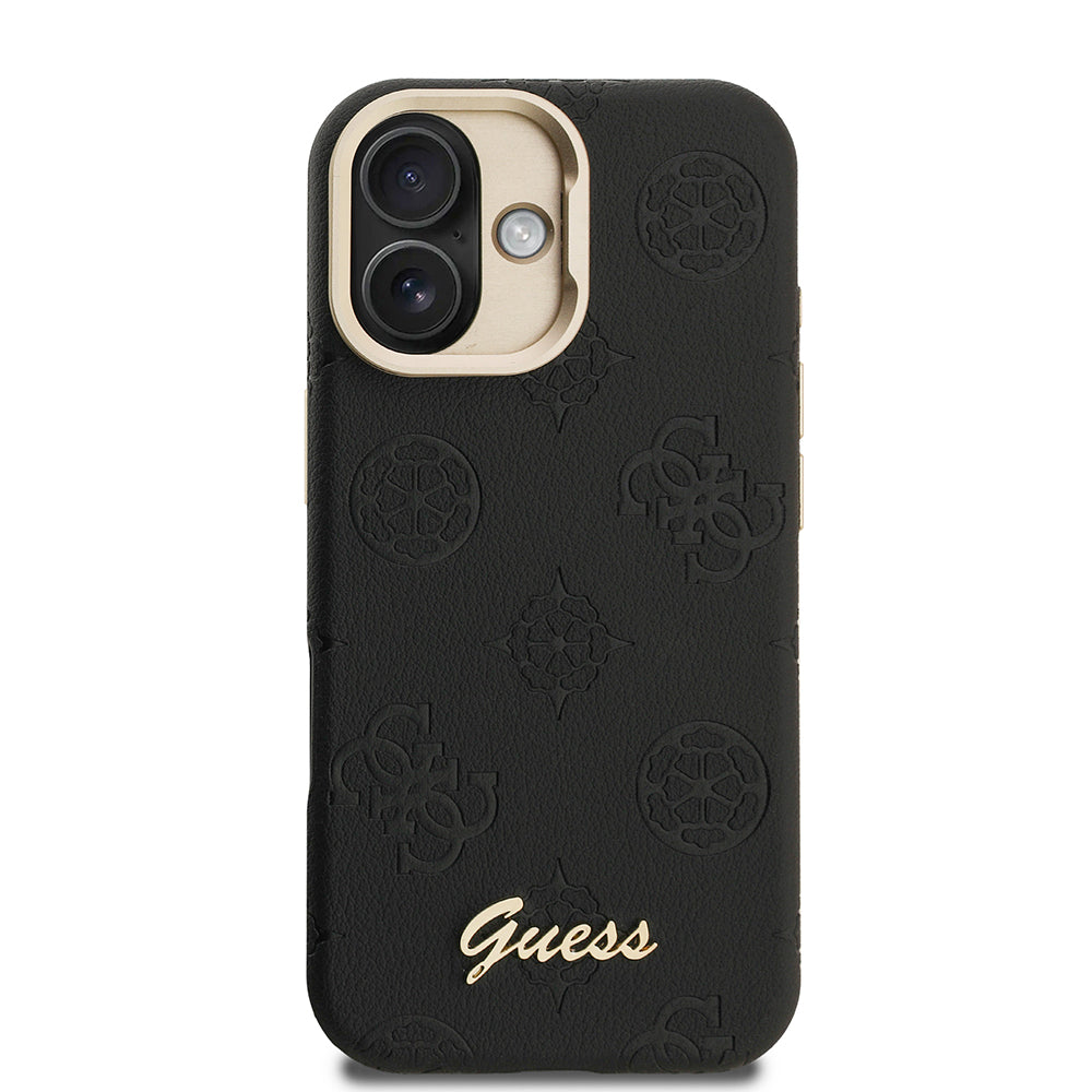 iPhone 16 Kılıf Guess Orijinal Lisanslı M-safe Şarj Özellikli Sıcak Baskılı Yazı Logolu Kamera Standlı PU Deri Peony Kılıf