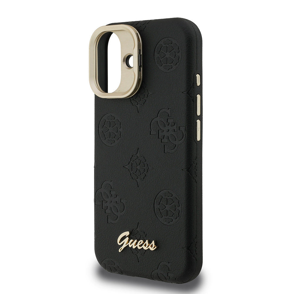 iPhone 16 Kılıf Guess Orijinal Lisanslı M-safe Şarj Özellikli Sıcak Baskılı Yazı Logolu Kamera Standlı PU Deri Peony Kılıf