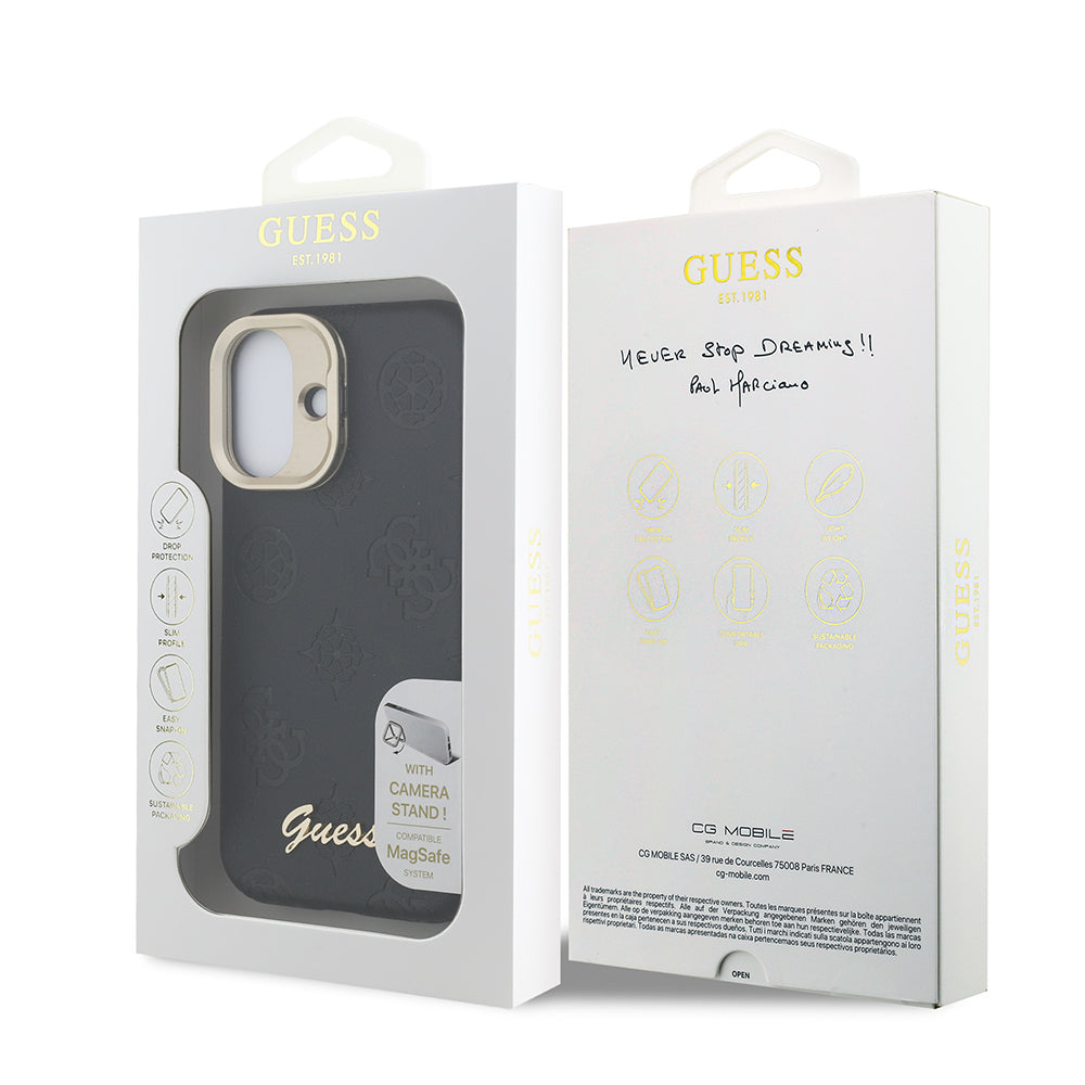 iPhone 16 Kılıf Guess Orijinal Lisanslı M-safe Şarj Özellikli Sıcak Baskılı Yazı Logolu Kamera Standlı PU Deri Peony Kılıf