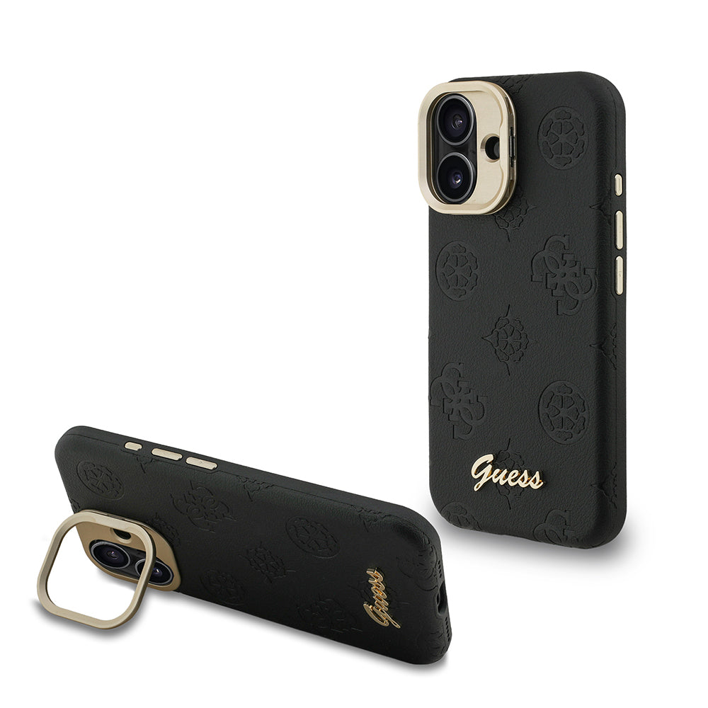 iPhone 16 Kılıf Guess Orijinal Lisanslı M-safe Şarj Özellikli Sıcak Baskılı Yazı Logolu Kamera Standlı PU Deri Peony Kılıf
