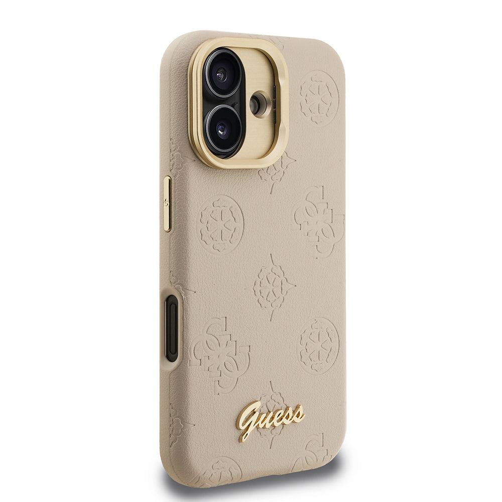iPhone 16 Kılıf Guess Orijinal Lisanslı M-safe Şarj Özellikli Sıcak Baskılı Yazı Logolu Kamera Standlı PU Deri Peony Kılıf