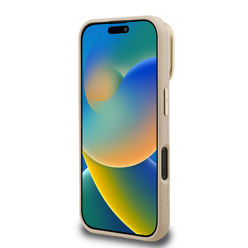 iPhone 16 Kılıf Guess Orijinal Lisanslı M-safe Şarj Özellikli Sıcak Baskılı Yazı Logolu Kamera Standlı PU Deri Peony Kılıf