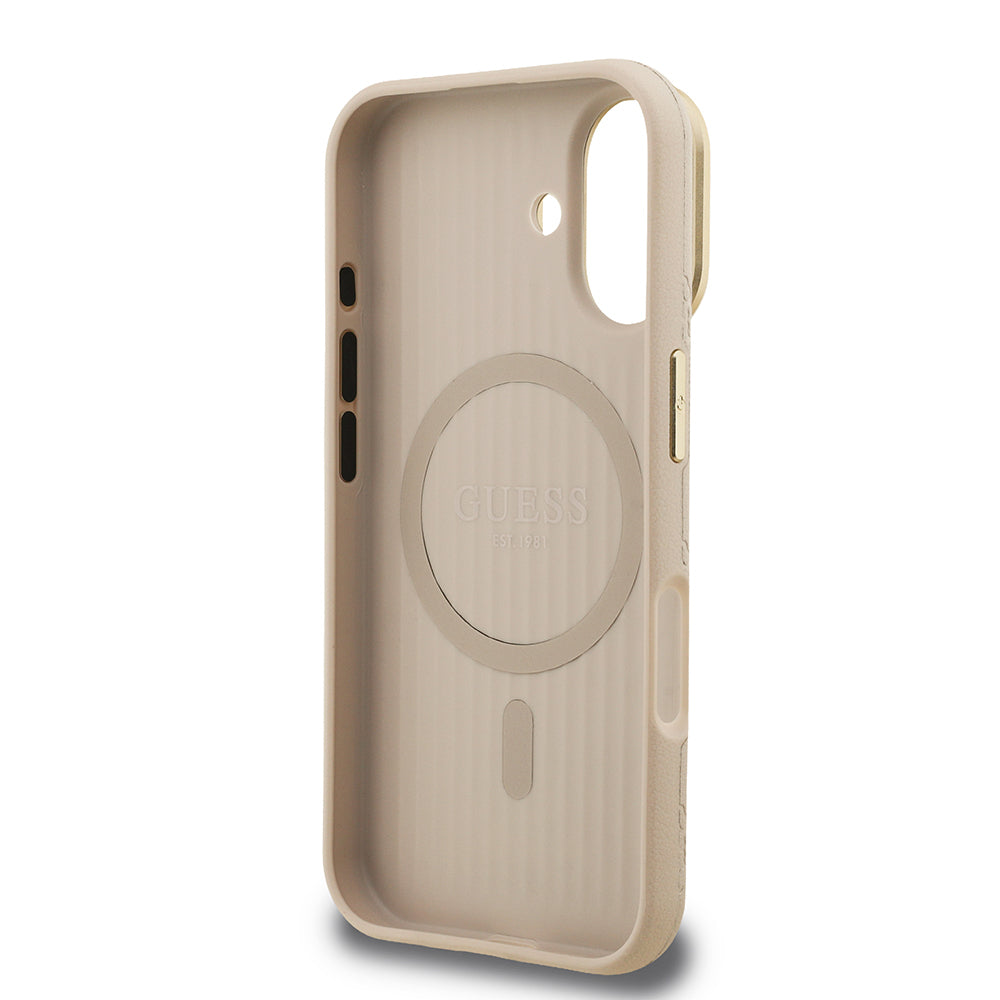 iPhone 16 Kılıf Guess Orijinal Lisanslı M-safe Şarj Özellikli Sıcak Baskılı Yazı Logolu Kamera Standlı PU Deri Peony Kılıf