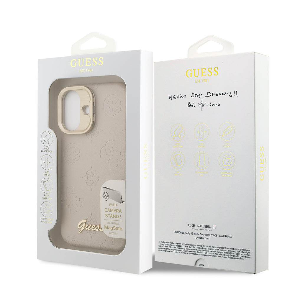 iPhone 16 Kılıf Guess Orijinal Lisanslı M-safe Şarj Özellikli Sıcak Baskılı Yazı Logolu Kamera Standlı PU Deri Peony Kılıf