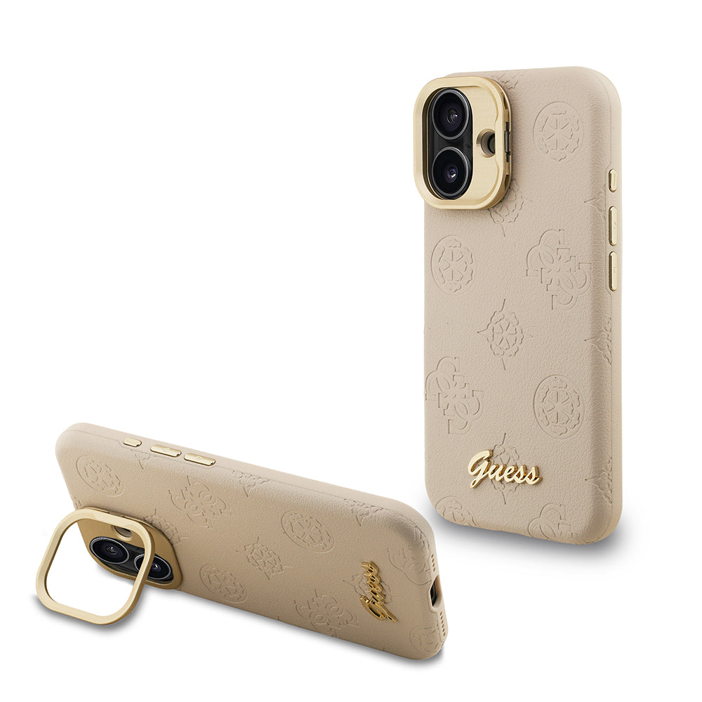 iPhone 16 Kılıf Guess Orijinal Lisanslı M-safe Şarj Özellikli Sıcak Baskılı Yazı Logolu Kamera Standlı PU Deri Peony Kılıf
