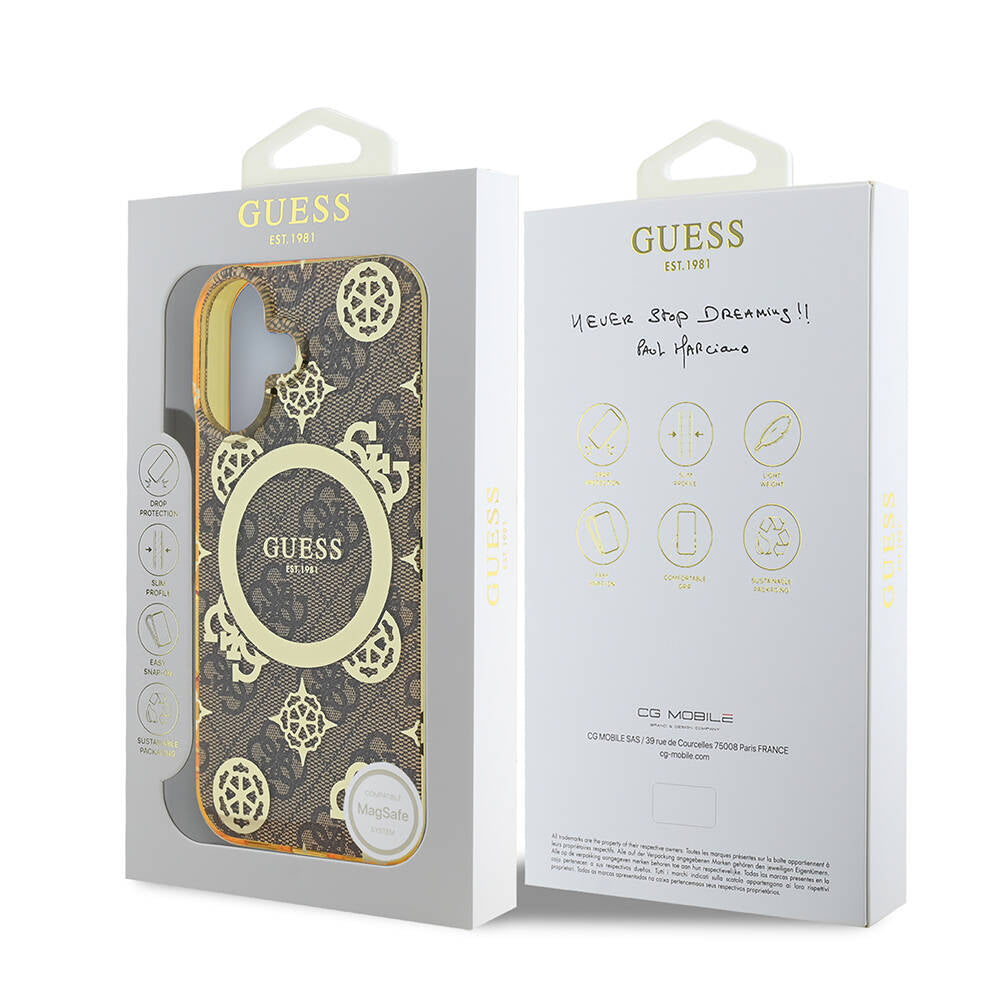 iPhone 16 Kılıf Guess Orijinal Lisanslı M-safe Şarj Özellikli 4G Desenli IML Yazı Logolu Peony Kılıf