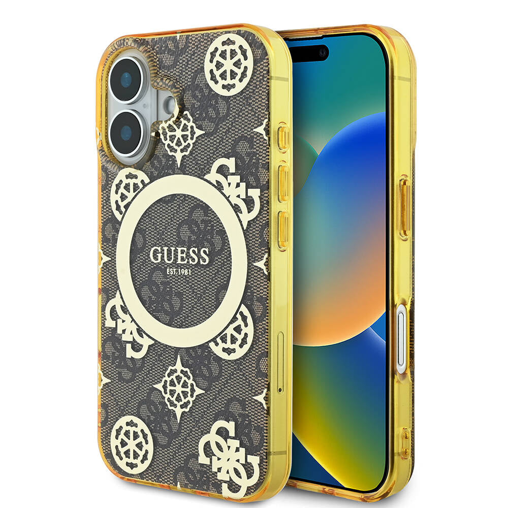 iPhone 16 Kılıf Guess Orijinal Lisanslı M-safe Şarj Özellikli 4G Desenli IML Yazı Logolu Peony Kılıf
