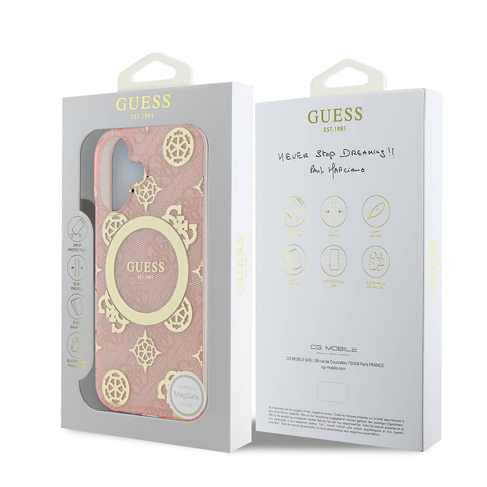 iPhone 16 Kılıf Guess Orijinal Lisanslı M-safe Şarj Özellikli 4G Desenli IML Yazı Logolu Peony Kılıf