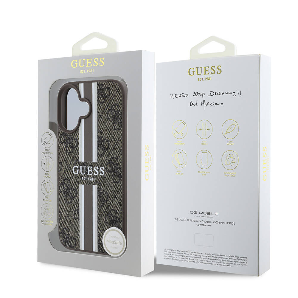 iPhone 16 Kılıf Guess Orijinal Lisanslı M-safe Şarj Özellikli 4G Şerit Tasarımlı Printed Kılıf