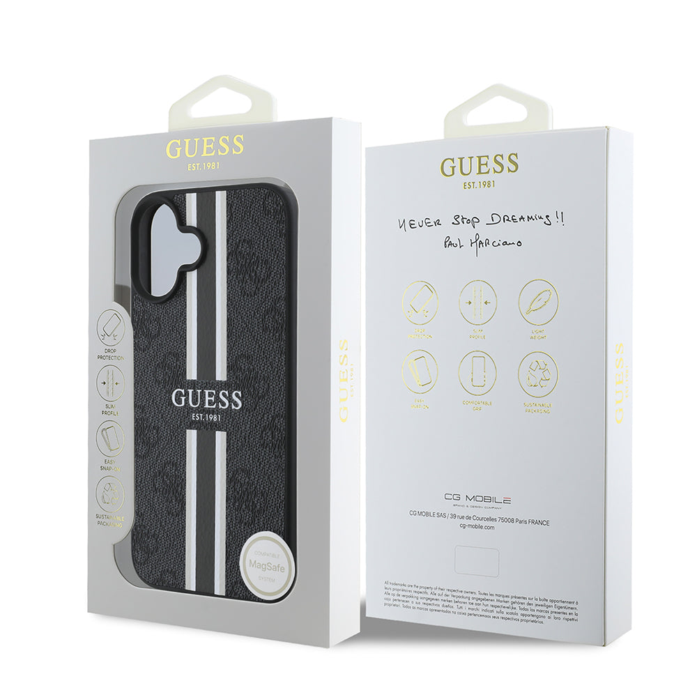 iPhone 16 Kılıf Guess Orijinal Lisanslı M-safe Şarj Özellikli 4G Şerit Tasarımlı Printed Kılıf