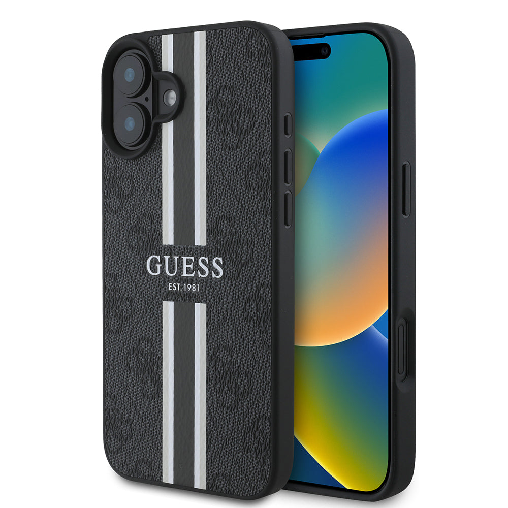 iPhone 16 Kılıf Guess Orijinal Lisanslı M-safe Şarj Özellikli 4G Şerit Tasarımlı Printed Kılıf
