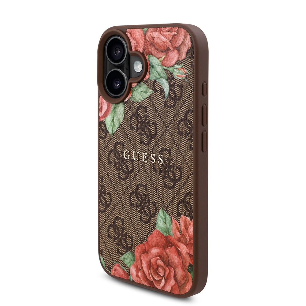 iPhone 16 Kılıf Guess Orijinal Lisanslı M-safe Şarj Özellikli Gül Baskılı 4G Desenli Yazı Logolu Kılıf
