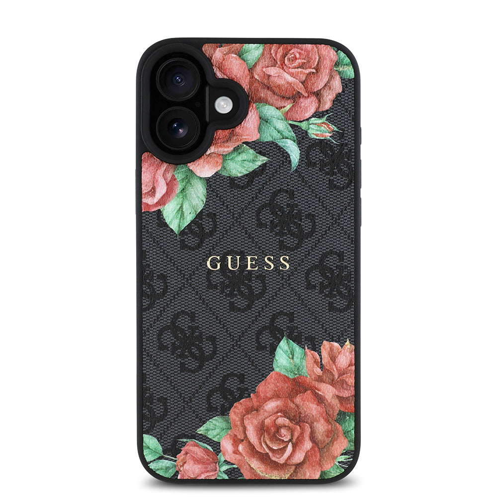 iPhone 16 Kılıf Guess Orijinal Lisanslı M-safe Şarj Özellikli Gül Baskılı 4G Desenli Yazı Logolu Kılıf