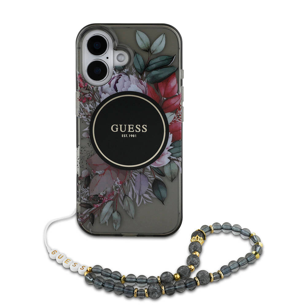 iPhone 16 Kılıf Guess Orijinal Lisanslı M-safe Şarj Özellikli IML Baskılı Çiçek İnci Bileklikli Kılıf