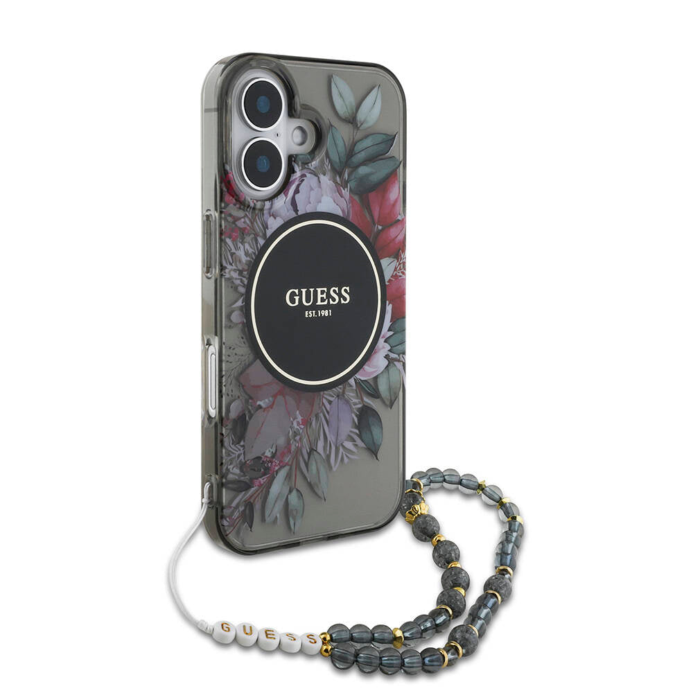 iPhone 16 Kılıf Guess Orijinal Lisanslı M-safe Şarj Özellikli IML Baskılı Çiçek İnci Bileklikli Kılıf