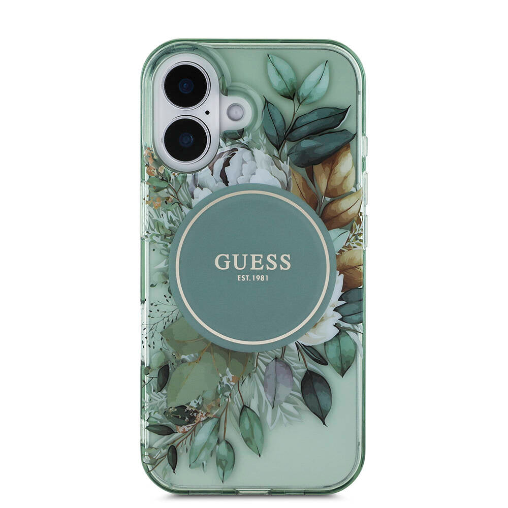 iPhone 16 Kılıf Guess Orijinal Lisanslı M-safe Şarj Özellikli IML Baskılı Çiçek İnci Bileklikli Kılıf