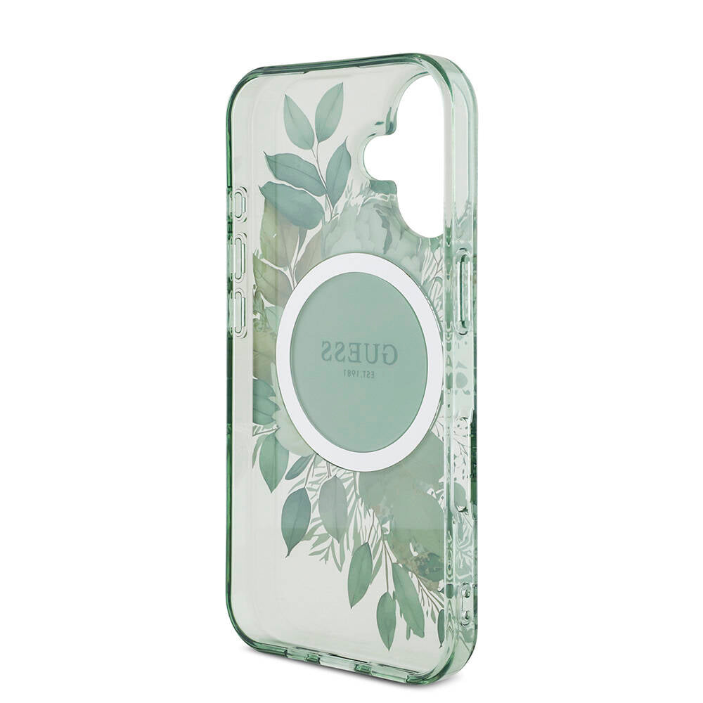 iPhone 16 Kılıf Guess Orijinal Lisanslı M-safe Şarj Özellikli IML Baskılı Çiçek İnci Bileklikli Kılıf