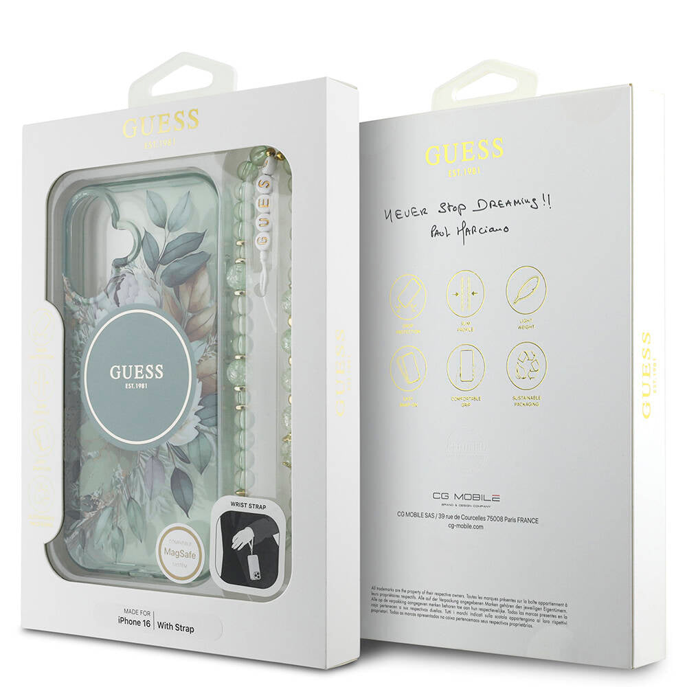 iPhone 16 Kılıf Guess Orijinal Lisanslı M-safe Şarj Özellikli IML Baskılı Çiçek İnci Bileklikli Kılıf