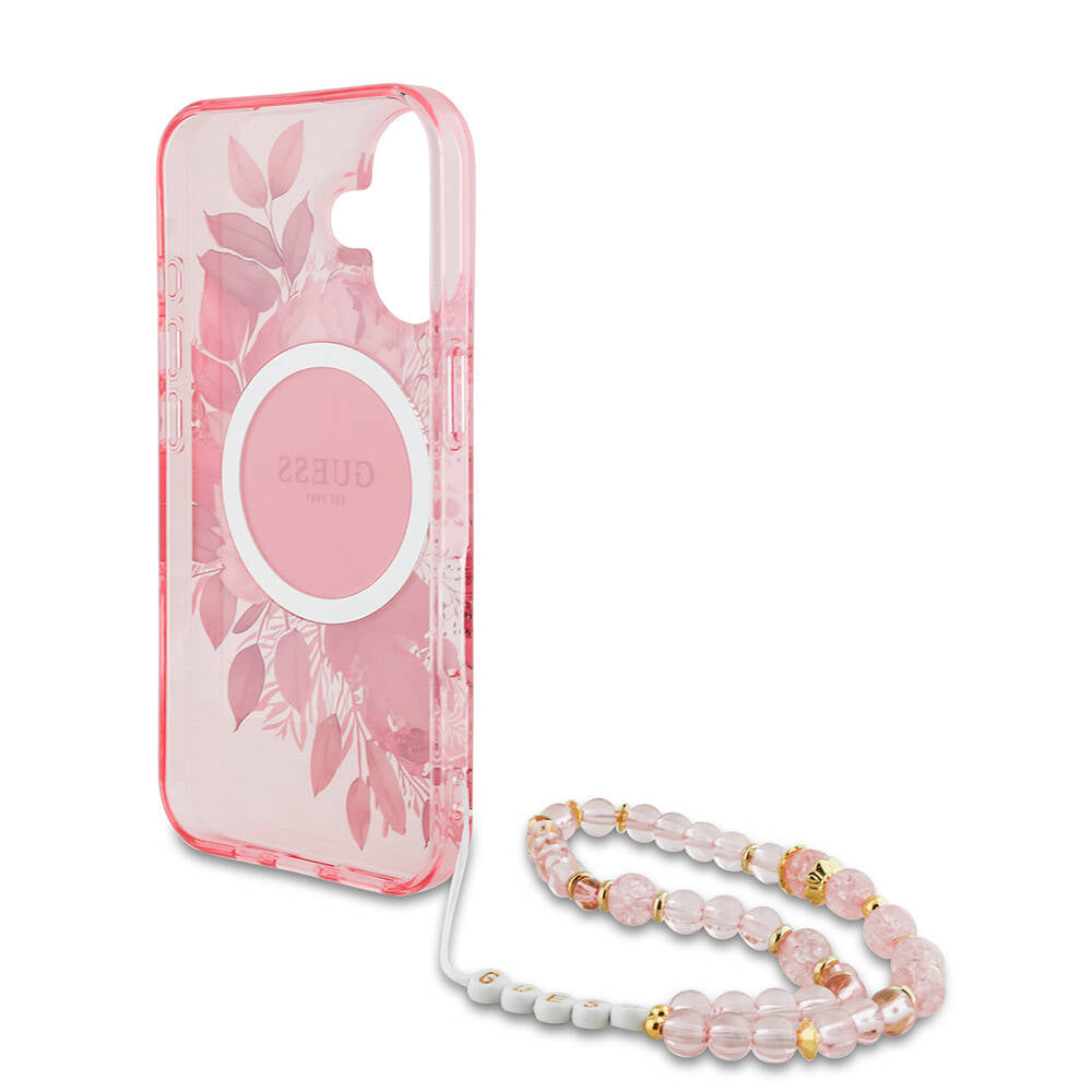 iPhone 16 Kılıf Guess Orijinal Lisanslı M-safe Şarj Özellikli IML Baskılı Çiçek İnci Bileklikli Kılıf